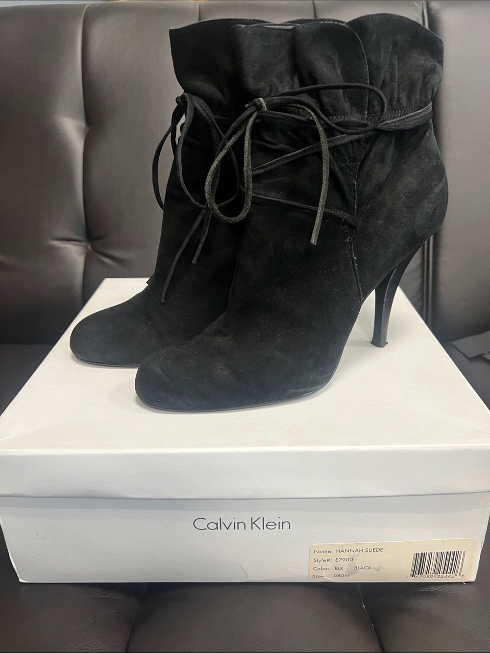 Calvin Klein Black Suede Lace-Up Stiletto Ankle Boots